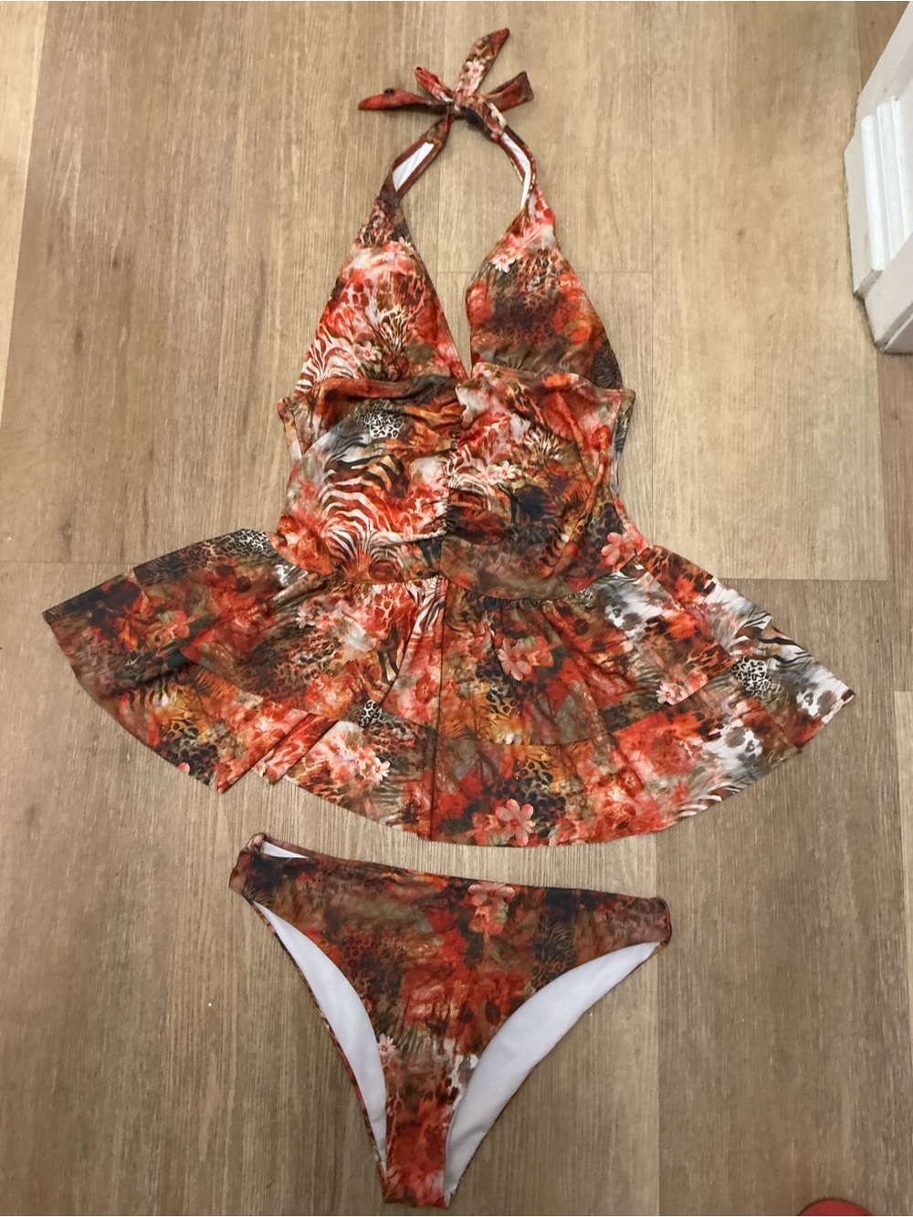Halter Floral Print Swimdress One-Piece in Orange and Brown